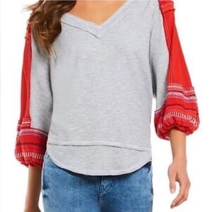Free People We the Free Grey and Red Bubble Sleeve Top Boho